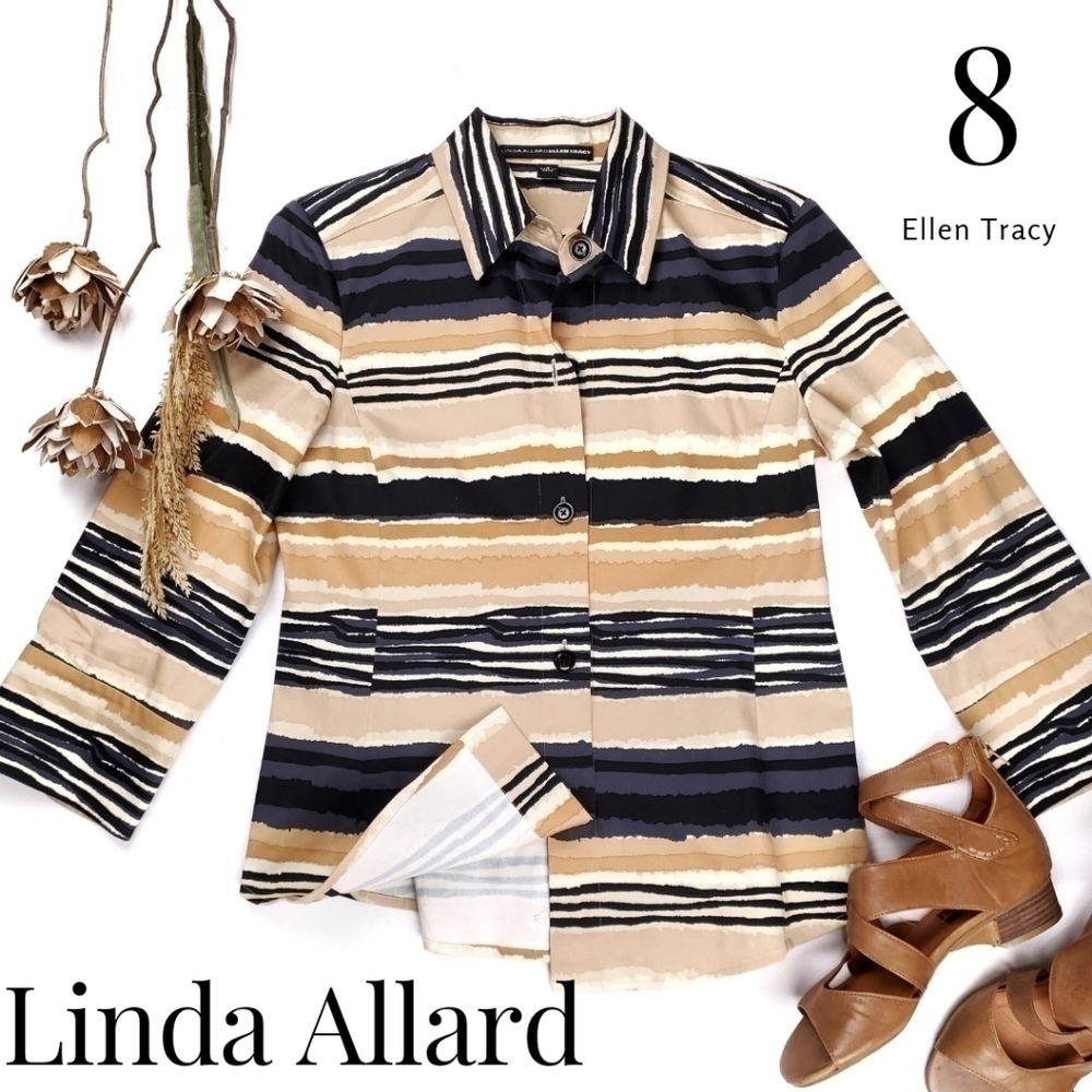 New Linda Allard Earth Tones Bold Stripe Thick Cotton Top Sz 8